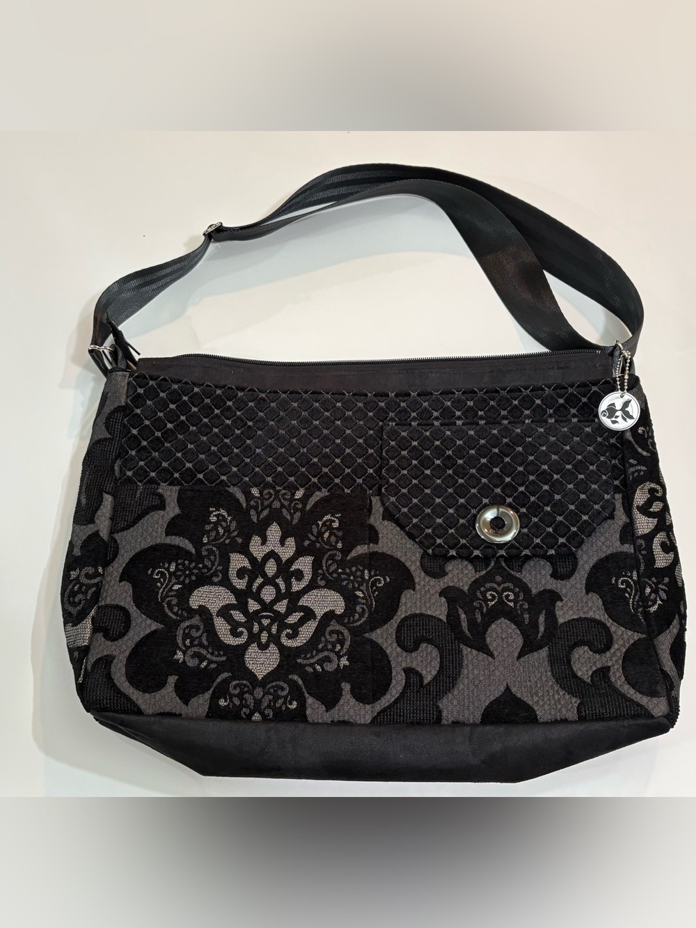 Goldyfish by Jessica Joy |  Black & Gray Damask Shoulder Bag